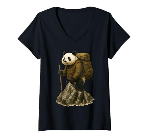 Damen Panda Wandern T-Shirt mit V-Ausschnitt Damen Panda Wandern T-Shirt mit V-Ausschnitt von Animal Hiking