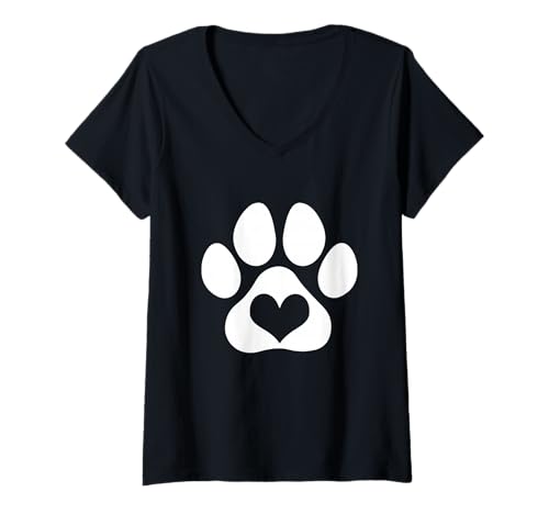 Damen Hundepfoten-Herz, Tierliebhaber, Katze, Tierarzt, Tech, niedlich T-Shirt mit V-Ausschnitt von Animal Lover Apparel & Gifts