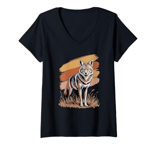 Damen Retro Sonnenuntergang Kojote Kojoten T-Shirt mit V-Ausschnitt von Animal Lover Gifts