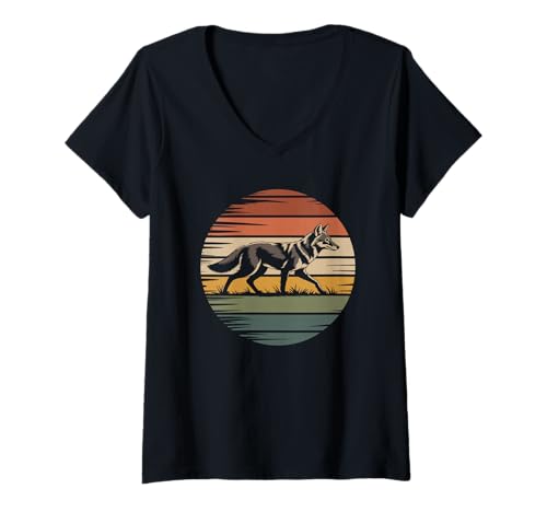 Damen Retro Sonnenuntergang Kojote Kojoten T-Shirt mit V-Ausschnitt von Animal Lover Gifts