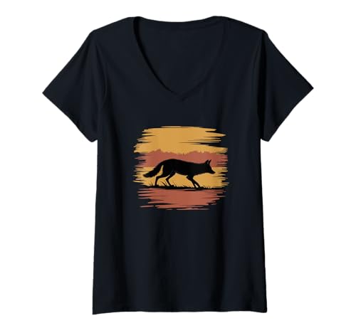 Damen Retro Sonnenuntergang Silhouette Kojote Kojoten T-Shirt mit V-Ausschnitt von Animal Lover Gifts