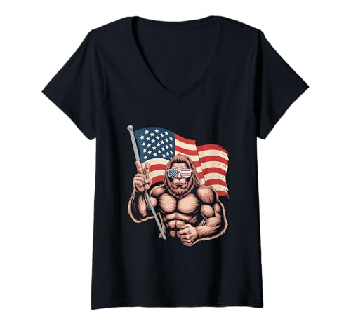 Damen Cooler Bigfoot Unabhängigkeitstag 4. Juli Tierliebhaber T-Shirt mit V-Ausschnitt von Animal Lover July 4th Pet Pride