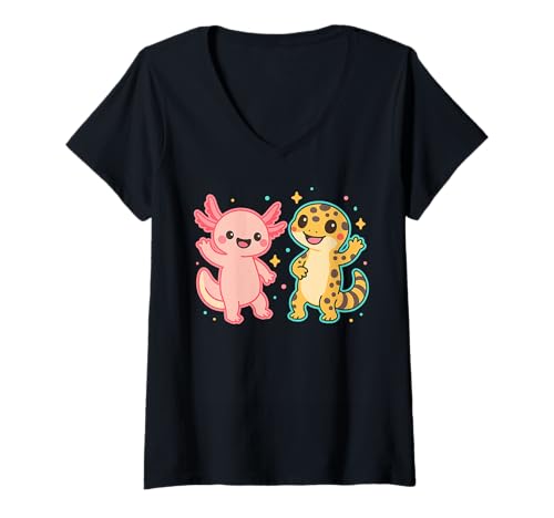 Damen Niedliche Wildtiere Axolotl und Leopard Gecko Art T-Shirt mit V-Ausschnitt Damen Niedliche Wildtiere Axolotl und Leopard Gecko Art T-Shirt mit V-Ausschnitt von Animal Lover Reptile Zoologist Apparel