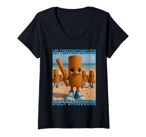 Damen Lustiges KI-generiertes Monster Trendy Los Tungtung Dicen Sahur T-Shirt mit V-Ausschnitt Damen Lustiges KI-generiertes Monster Trendy Los Tungtung Dicen Sahur T-Shirt mit V-Ausschnitt von Animal Monster Italian Brainrot