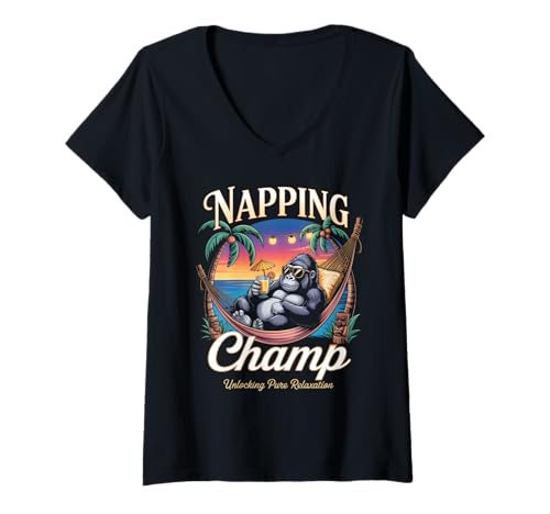 Damen Napping Champ Entspannender Gorilla T-Shirt mit V-Ausschnitt Damen Napping Champ Entspannender Gorilla T-Shirt mit V-Ausschnitt von Animal Napping Humor