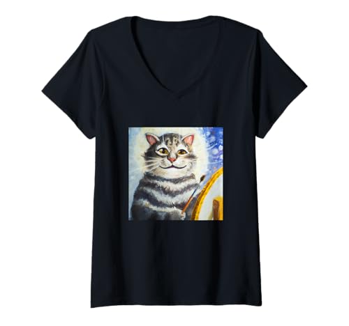 Damen Katzenkunstgeschichte T-Shirt mit V-Ausschnitt Damen Katzenkunstgeschichte T-Shirt mit V-Ausschnitt von Animal Painting Design