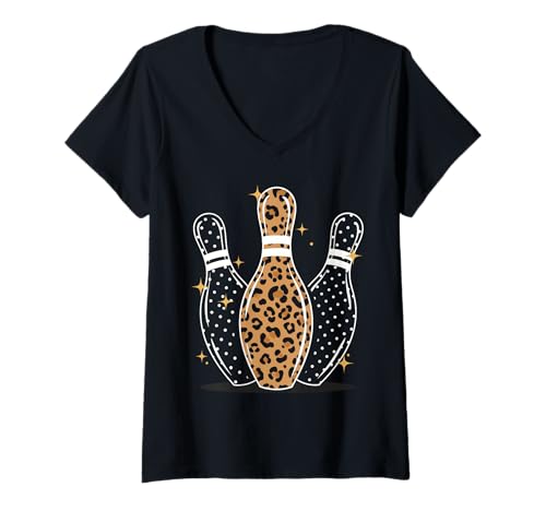 Damen Leopard Print Bowling Pins Fun Sport Design T-Shirt mit V-Ausschnitt von Animal Print Bowling Strike Enthusiast Designs