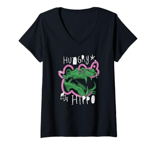 Damen Hungriges Nilpferd Schädel Lustiges Tier Vintage Kunst T-Shirt mit V-Ausschnitt Damen Hungriges Nilpferd Schädel Lustiges Tier Vintage Kunst T-Shirt mit V-Ausschnitt von Animal Pun Art