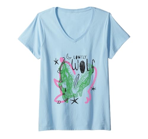 Damen Retro-Illustrationskunst „Einsamer Wolfsschädel“ T-Shirt mit V-Ausschnitt Damen Retro-Illustrationskunst „Einsamer Wolfsschädel“ T-Shirt mit V-Ausschnitt von Animal Pun Art