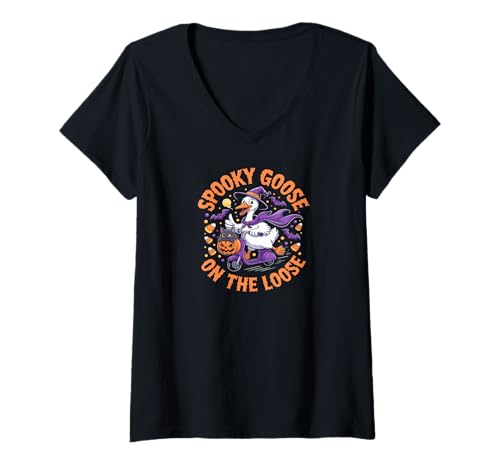 Damen Funny Geese Crazy Spooky Goose Run Halloween Ghost T-Shirt mit V-Ausschnitt von Animal Pun Gifts Duck Life