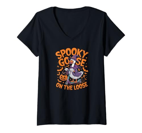Damen Funny Geese Crazy Spooky Goose Run Halloween Ghost T-Shirt mit V-Ausschnitt von Animal Pun Gifts Duck Life