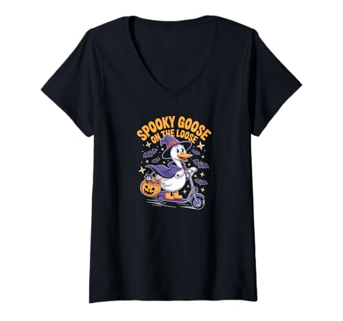 Damen Funny Geese Crazy Spooky Goose Run Halloween Ghost T-Shirt mit V-Ausschnitt von Animal Pun Gifts Duck Life