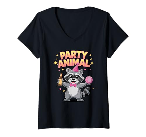 Damen Tier-Waschbär Niedliche lustige Geburtstags-Vibes T-Shirt mit V-Ausschnitt von Animal Raccoon Cute Funny Drinking