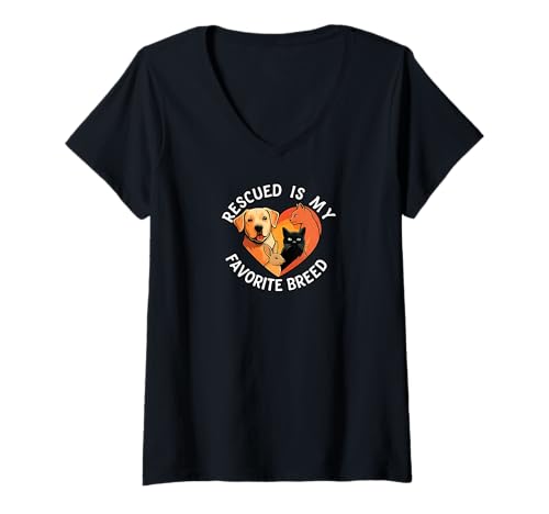 Damen Rescued Is My Favorite Breed Dog Cat Rabbit Pet Adoption T-Shirt mit V-Ausschnitt von Animal Rescue Lover Apparel