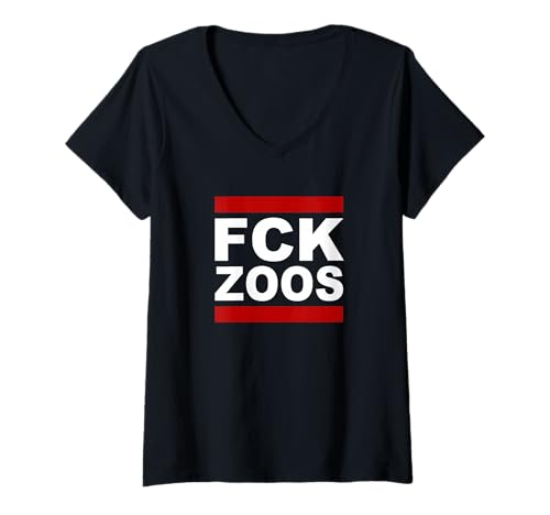 Damen FCK ZOOS Statement Anti Zoo Tierrechte Aktivisten Zooverbot T-Shirt mit V-Ausschnitt von Animal Rights Apparel | Anti Zoo Statement Wear