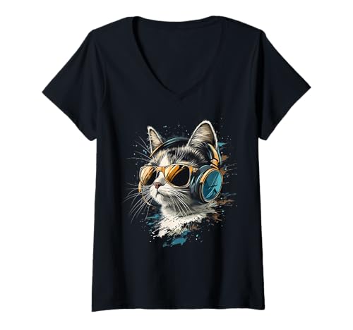 Damen Katze Bunte Tier Kunst Splash Art Katze T-Shirt mit V-Ausschnitt von Animal Splash