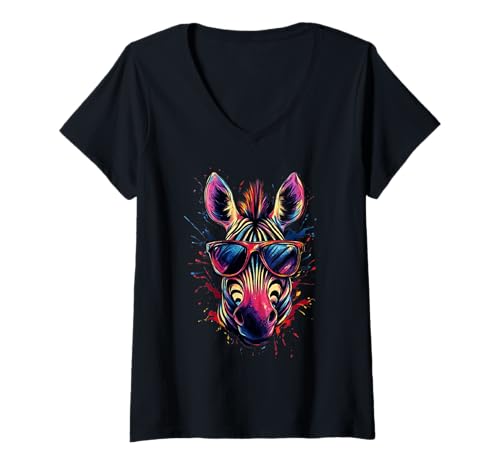 Damen Zebra Tier Cool Sonnenbrille Motiv Kunst Splash Art Zebra T-Shirt mit V-Ausschnitt Damen Zebra Tier Cool Sonnenbrille Motiv Kunst Splash Art Zebra T-Shirt mit V-Ausschnitt von Animal Splash