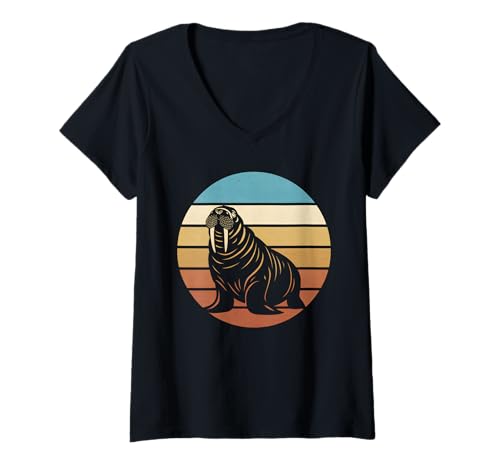 Damen Retro Walross T-Shirt mit V-Ausschnitt Damen Retro Walross T-Shirt mit V-Ausschnitt von Animal Walrus Design