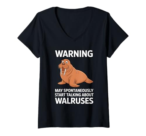 Damen Warning I May Spontan Talk About Walross T-Shirt mit V-Ausschnitt von Animal Walrus Design