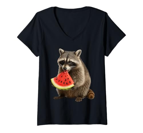 Damen Waschbär Wassermelone T-Shirt mit V-Ausschnitt von Animal Watermelon