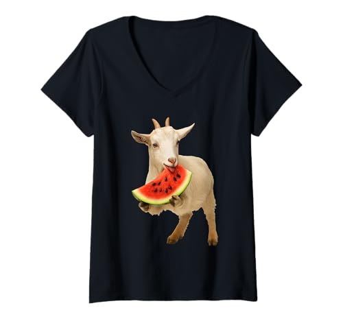 Damen Ziege Wassermelone T-Shirt mit V-Ausschnitt von Animal Watermelon