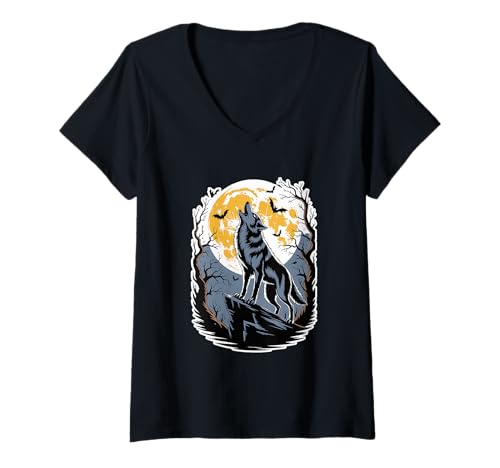 Damen Halloween Mond Wolf Heulend Wölfe T-Shirt mit V-Ausschnitt von Animal Wolf Lover Gifts