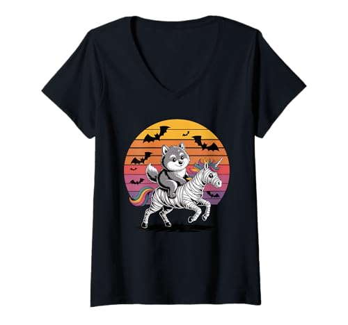 Damen Halloween Mumie Einhorn Wolf Wölfe T-Shirt mit V-Ausschnitt Damen Halloween Mumie Einhorn Wolf Wölfe T-Shirt mit V-Ausschnitt von Animal Wolf Lover Gifts