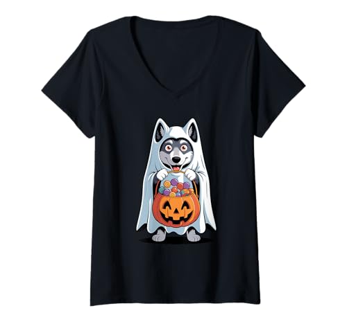 Damen Halloween Wolf Geist Kürbis Süßes Oder Saures Süßigkeiten T-Shirt mit V-Ausschnitt Damen Halloween Wolf Geist Kürbis Süßes Oder Saures Süßigkeiten T-Shirt mit V-Ausschnitt von Animal Wolf Lover Gifts