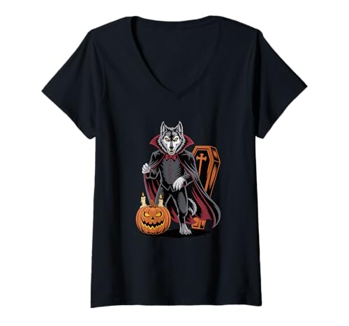 Damen Halloween Wolf Sarg Wölfe T-Shirt mit V-Ausschnitt von Animal Wolf Lover Gifts