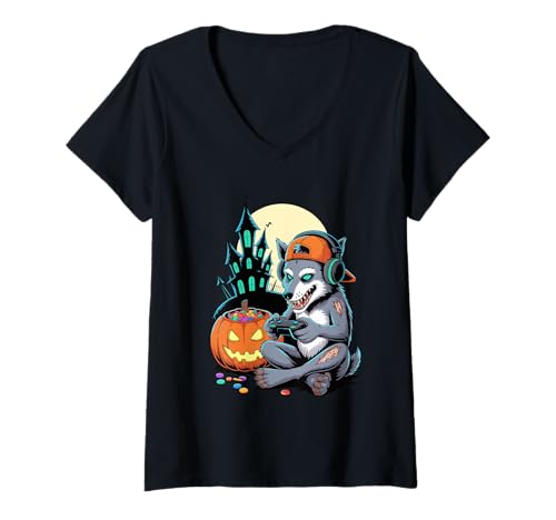 Damen Halloween Zombie Wolf Gamer Verlassenes Schloss Video Gaming T-Shirt mit V-Ausschnitt von Animal Wolf Lover Gifts