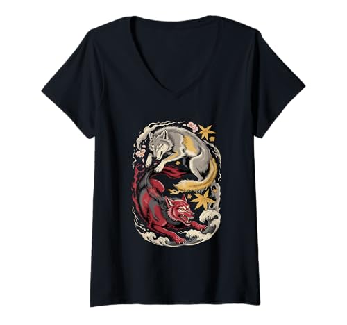 Damen Japanische Kunst Wolf Gut und Teufel Wölfe T-Shirt mit V-Ausschnitt Damen Japanische Kunst Wolf Gut und Teufel Wölfe T-Shirt mit V-Ausschnitt von Animal Wolf Lover Gifts