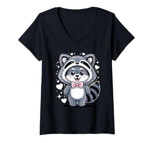 Damen Kawaii Wolf Waschbär Kostüm Wölfe T-Shirt mit V-Ausschnitt von Animal Wolf Lover Gifts