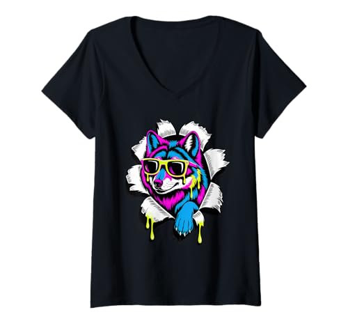 Damen Paint Art Wolf Sonnenbrille Wölfe T-Shirt mit V-Ausschnitt Damen Paint Art Wolf Sonnenbrille Wölfe T-Shirt mit V-Ausschnitt von Animal Wolf Lover Gifts