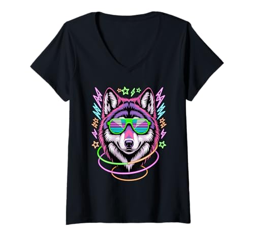 Damen Party Wolf Sonnenbrille Wölfe T-Shirt mit V-Ausschnitt Damen Party Wolf Sonnenbrille Wölfe T-Shirt mit V-Ausschnitt von Animal Wolf Lover Gifts