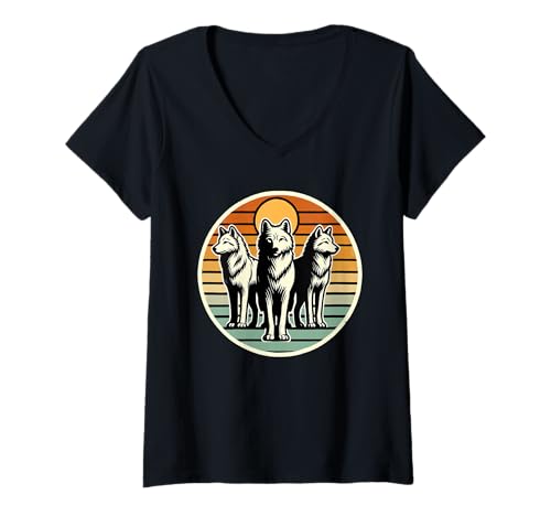 Damen Retro Sonnenuntergang Wolf Silhouette Wölfe T-Shirt mit V-Ausschnitt von Animal Wolf Lover Gifts