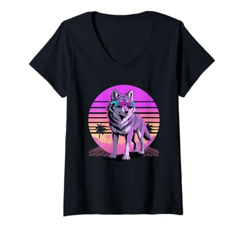 Damen Retro Synthwave Wolf Sunglasses Wolves T-Shirt mit V-Ausschnitt von Animal Wolf Lover Gifts