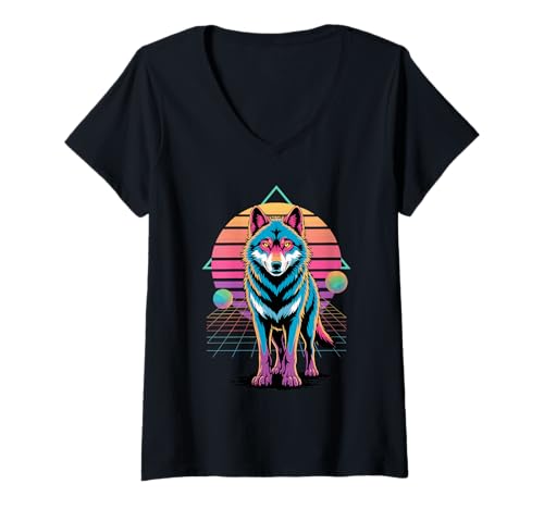 Damen Retro Synthwave Wolf Wölfe T-Shirt mit V-Ausschnitt Damen Retro Synthwave Wolf Wölfe T-Shirt mit V-Ausschnitt von Animal Wolf Lover Gifts