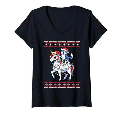 Damen Weihnachten Wolf Einhorn Sonnenbrille Wölfe T-Shirt mit V-Ausschnitt Damen Weihnachten Wolf Einhorn Sonnenbrille Wölfe T-Shirt mit V-Ausschnitt von Animal Wolf Lover Gifts