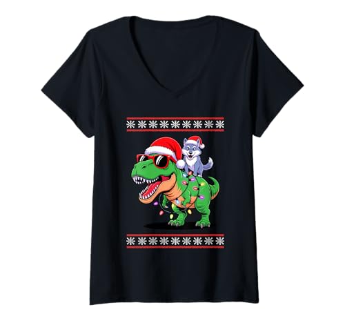 Damen Weihnachten Wolf T-Rex Dinosaurier Tyrannosaurus Rex Wölfe T-Shirt mit V-Ausschnitt von Animal Wolf Lover Gifts