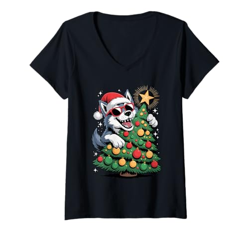 Damen Weihnachtsbaum Wolf Sonnenbrille Wölfe T-Shirt mit V-Ausschnitt von Animal Wolf Lover Gifts