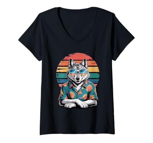 Damen Wolf Sonnenbrille Hawaii Strand Sommer Urlaub T-Shirt mit V-Ausschnitt Damen Wolf Sonnenbrille Hawaii Strand Sommer Urlaub T-Shirt mit V-Ausschnitt von Animal Wolf Lover Gifts
