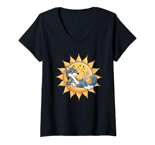 Damen Wolf Sonnenbrille Wölfe T-Shirt mit V-Ausschnitt von Animal Wolf Lover Gifts