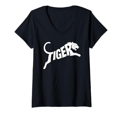 Damen Leaping Tiger Word Art Silhouette Typografie Design T-Shirt mit V-Ausschnitt Damen Leaping Tiger Word Art Silhouette Typografie Design T-Shirt mit V-Ausschnitt von Animal Word Art Designs by Geeksta