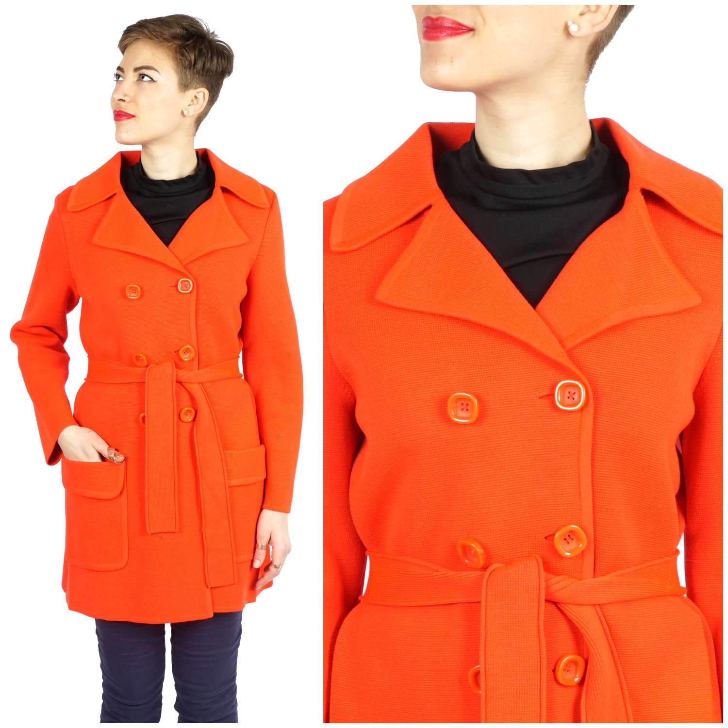 1970S Knaller Neon Roter Zweireihiger Strickmantel Von Leroy | Klein von AnimalHeadVintage