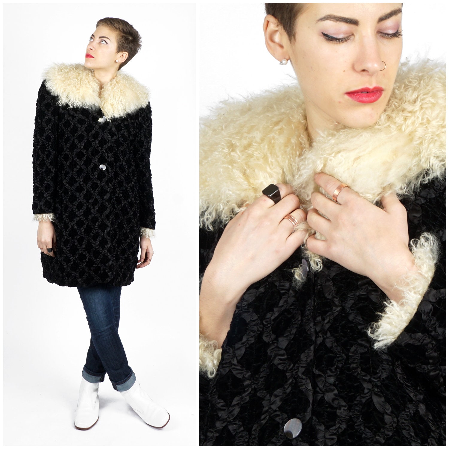 Atemberaubende 20Er/30Er Jahre Black Velvet Jacket Mit Sewn Ribbon Diamond Pattern Und Soft Shaggy Curly Lamb Collar Manschetten | Mittel von AnimalHeadVintage