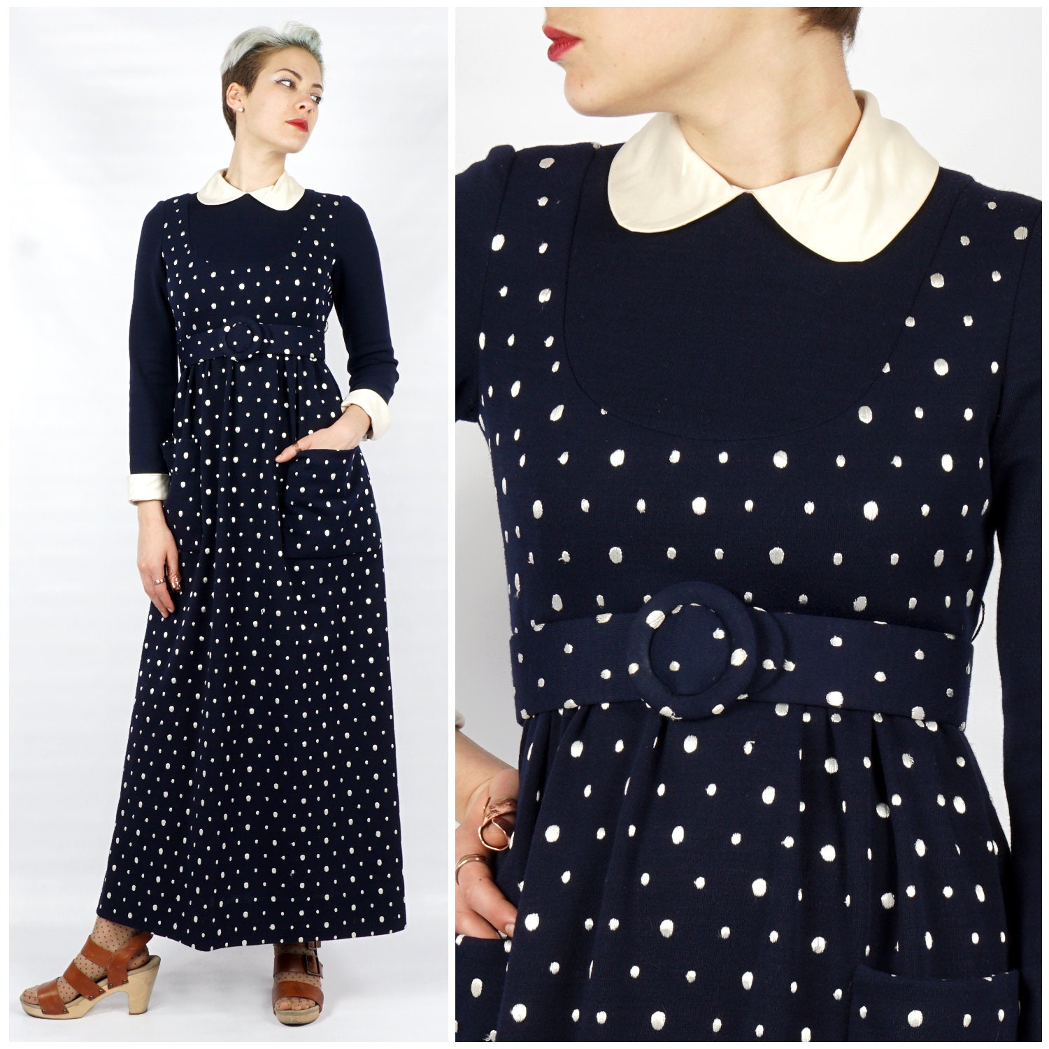 Chic Vintage 60Er/70Er Jahre Marine Maxi Pullover Kleid W/Bestickt Polka Dots & Satin Peter Pan Kragen Von Phyllis Sues | Klein von AnimalHeadVintage