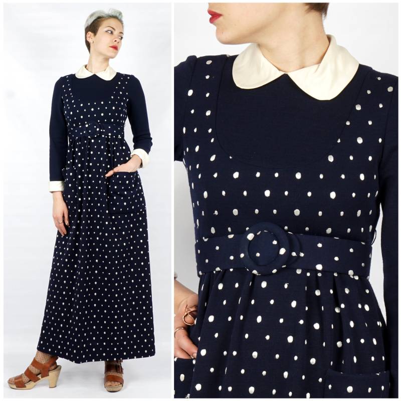 Chic Vintage 60Er/70Er Jahre Marine Maxi Pullover Kleid W/Bestickt Polka Dots & Satin Peter Pan Kragen Von Phyllis Sues | Klein von AnimalHeadVintage