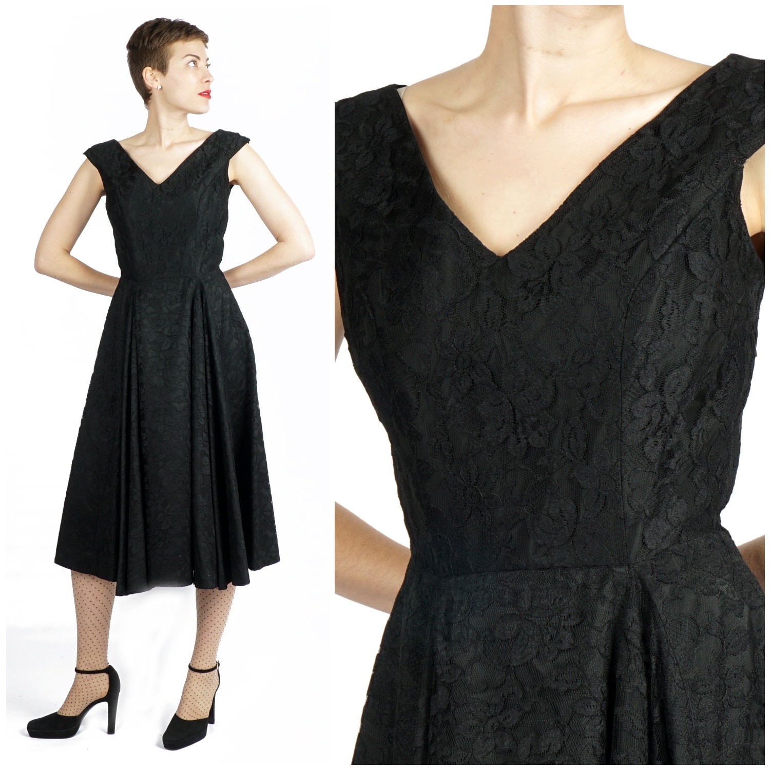 Chices Vintage 1950Er/60Er Jahre Ärmelloses Partykleid Aus Schwarzer Spitze Mit Taillierter Taille Und Vollem Rock | Klein von AnimalHeadVintage