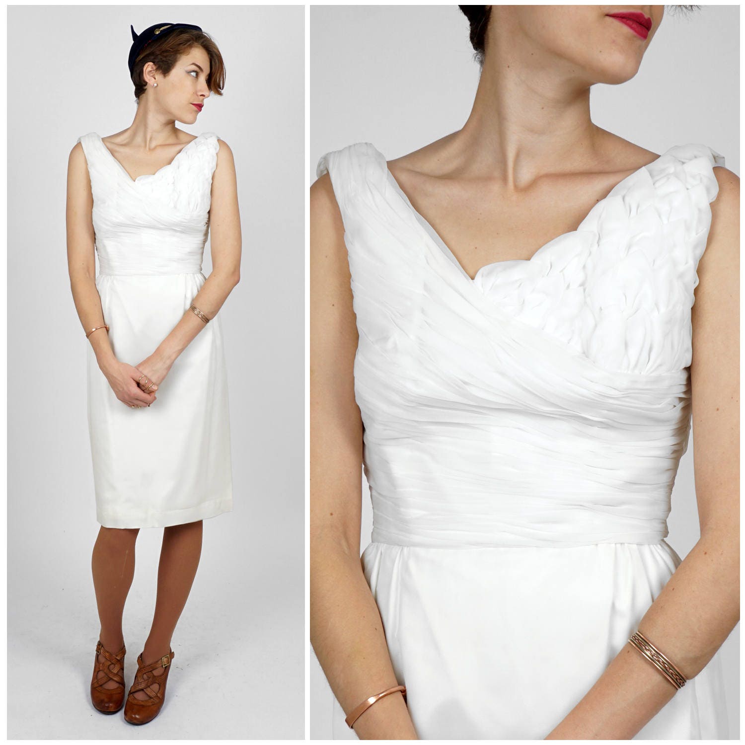 Elegantes Vintage 50Er/60Er Ärmelloses Weißes Tank-Wackelkleid Mit Blütenblattverziertem Oberteil | Klein von AnimalHeadVintage