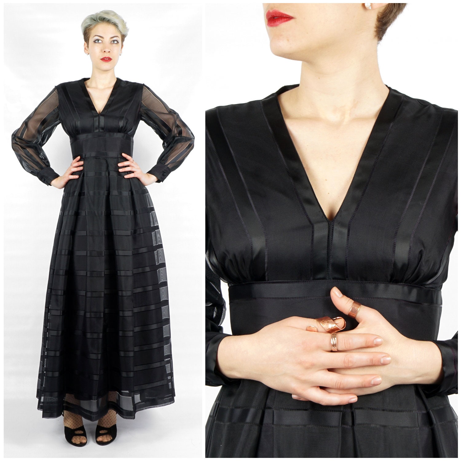 Fabelhaftes Vintage 1960Er/70Er Jahre Maxikleid Aus Schwarzem Band Und Netz Von Miss Magnin | Klein von AnimalHeadVintage